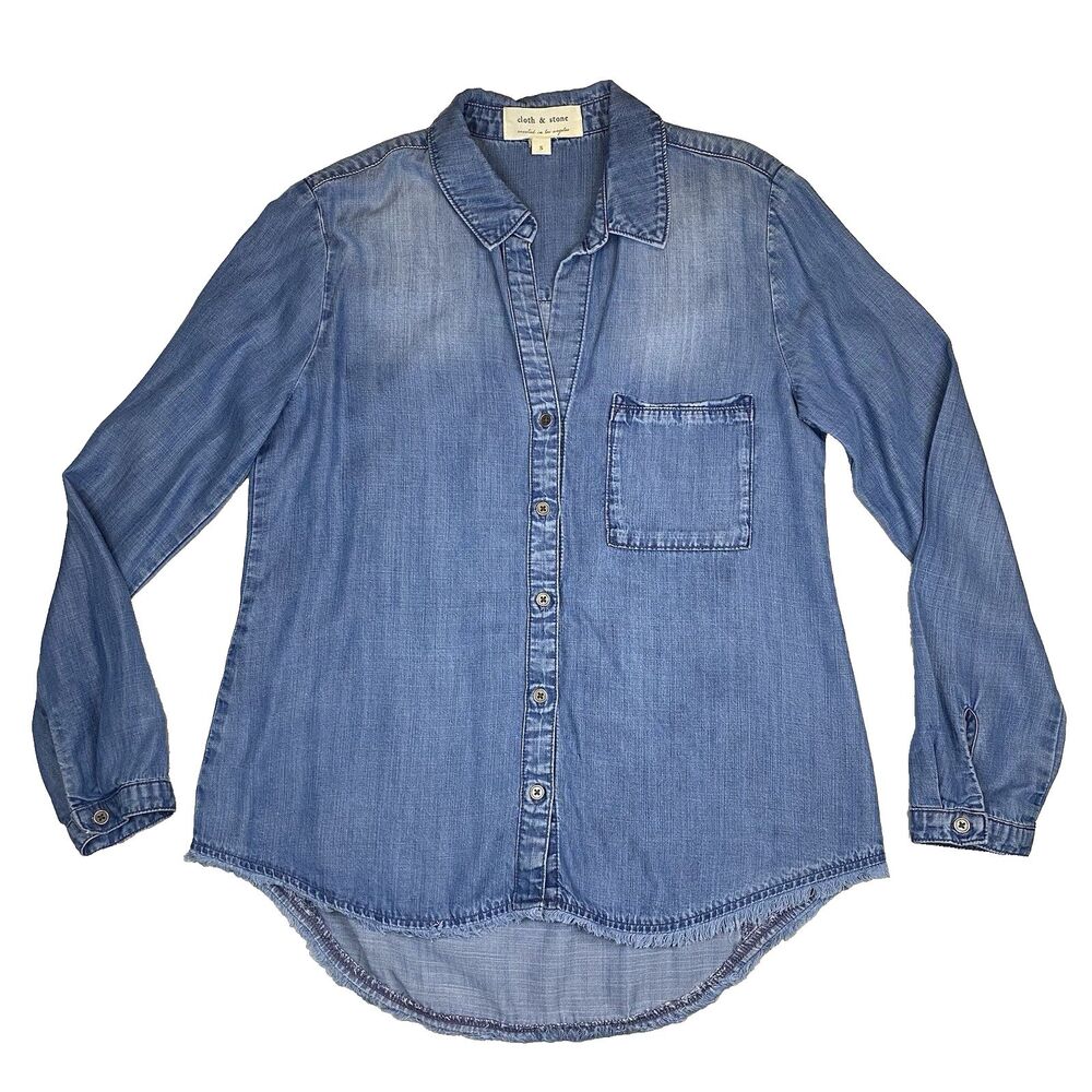 Cloth & Stone Women's Button Down Blue Tencel Hi Low Frayed Edges Shirt size S